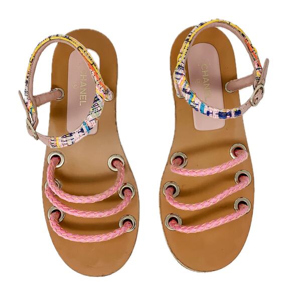 Chanel 2017 Fisherman Sandals Rope Tweed Cork Gold CC Label Plate Size 39.5 - Picture 2 of 15